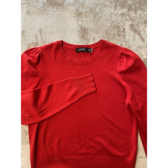 Lauren Ralph Lauren Sweater Womens Sz PL Red Puff Sleeve Classic Holiday Preppy - Picture 1 of 11